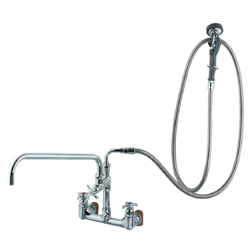 T&S Brass B-0284 12 Inch Wall Mount Big-Flo Mixing Faucet Stainless Steel with Flex Hose and Spray Valve T&S Brass B-0284 12 Inch Wall Mount Big-Flo Mixing Faucet Stainless Steel with Flex Hose and Spray Valve