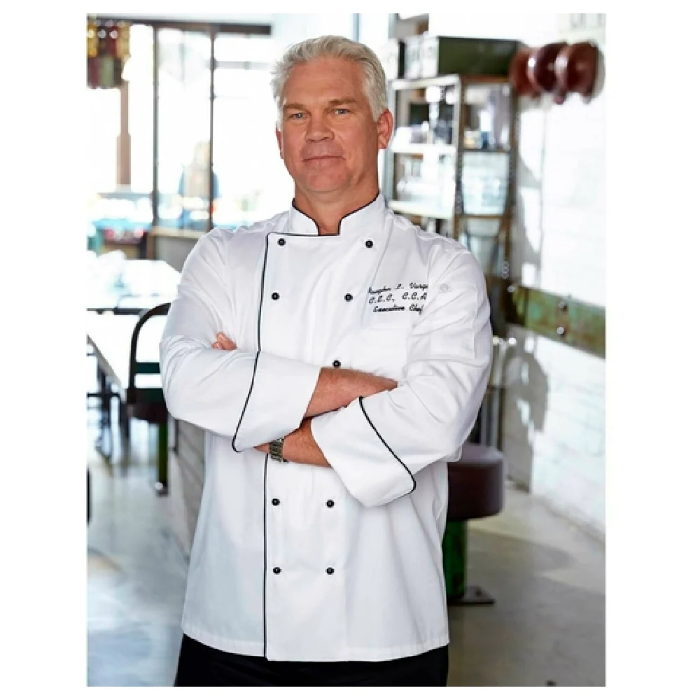 Chef Works MICCWHT2XL 2XL Unisex Chef Coat Long Sleeve Double Breasted White with Black Piping