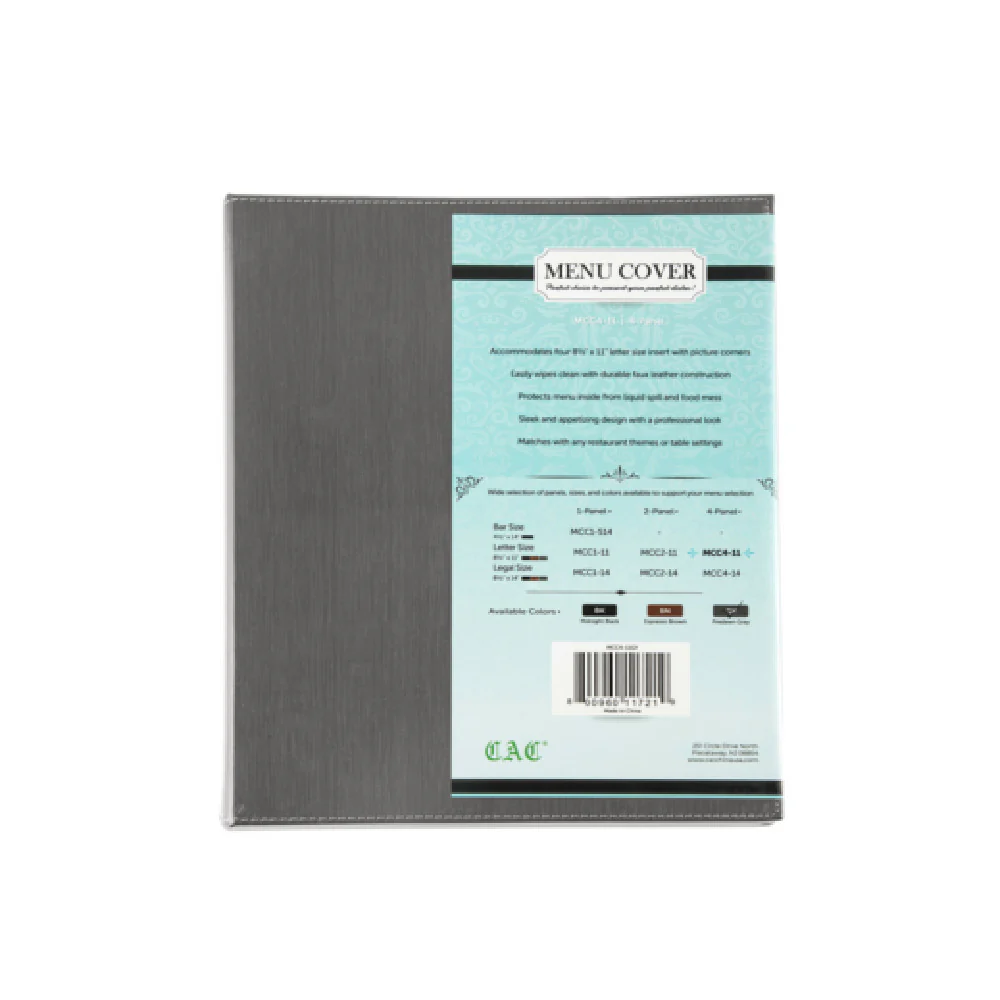 CAC China MCC4-11GY 8-1/2 Inch Letter Size Menu Cover Faux Leather Gray Case