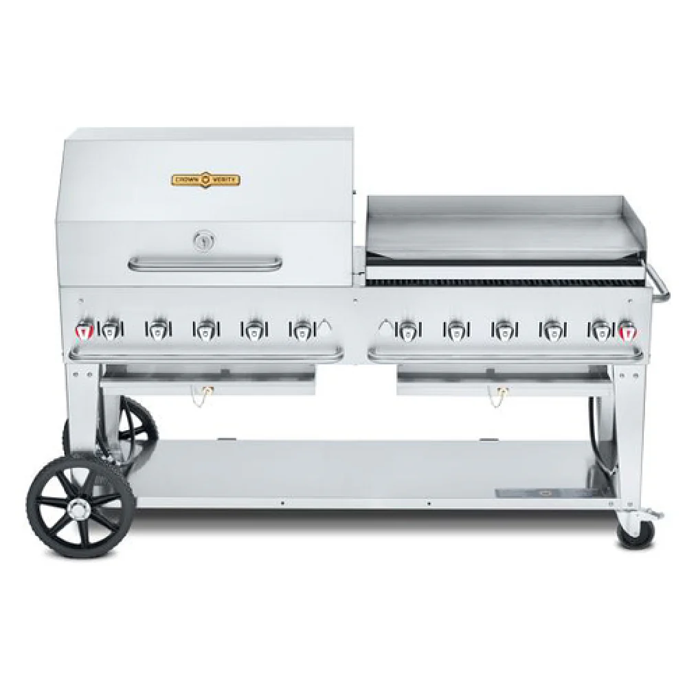 Crown Verity CV-MCB-72-SI50/100-RGP 70 Inch Mobile Charbroiler Gas 10 Burners with Hose