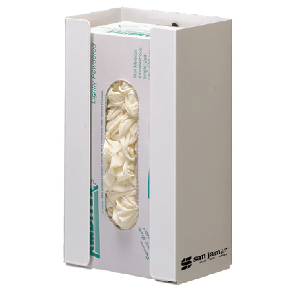 San Jamar G0802 4 Inch White Steel Disposable Glove Dispenser with 1 Box Capacity San Jamar G0802 4 Inch White Steel Disposable Glove Dispenser with 1 Box Capacity