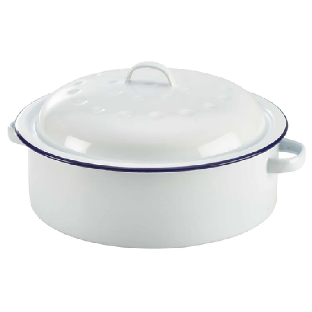 Steelite GW60526 Roaster 5 Quart Round With Lid Steel White and Blue Rim