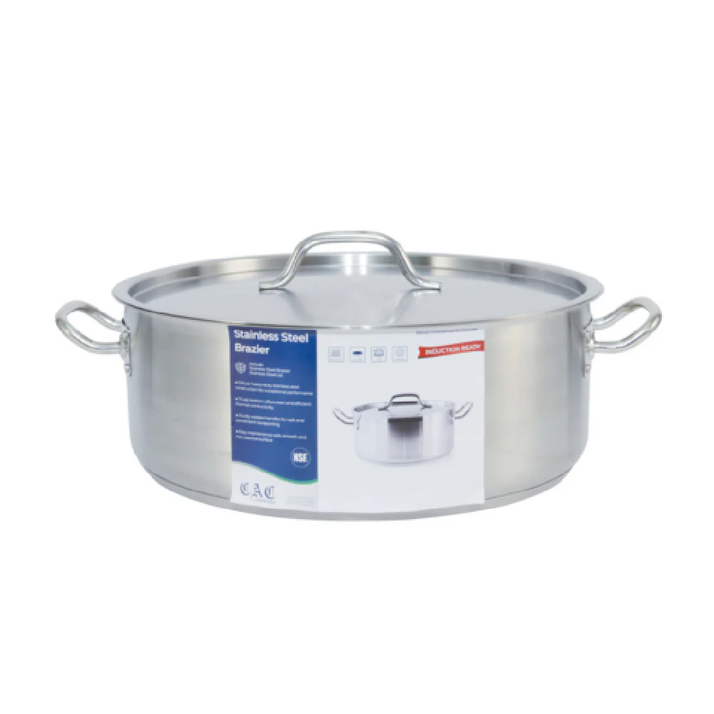 CAC China SSBZ-20 20 Quarts Stainless Steel Brazier Pan with Lid and Riveted Handles CAC China SSBZ-20 20 Quarts Stainless Steel Brazier Pan with Lid and Riveted Handles