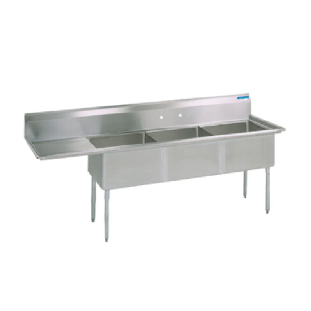 BK Resources BKS-3-15-14-15LS 62-1/2 Inch Sink Three Compartment with Drainboard BK Resources BKS-3-15-14-15LS 62-1/2 Inch Sink Three Compartment with Drainboard