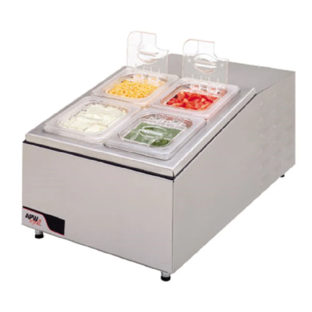 APW Wyott RTR-4_230/50/1 17 Inch Refrigerated Countertop Pan Rail with 4 Pans