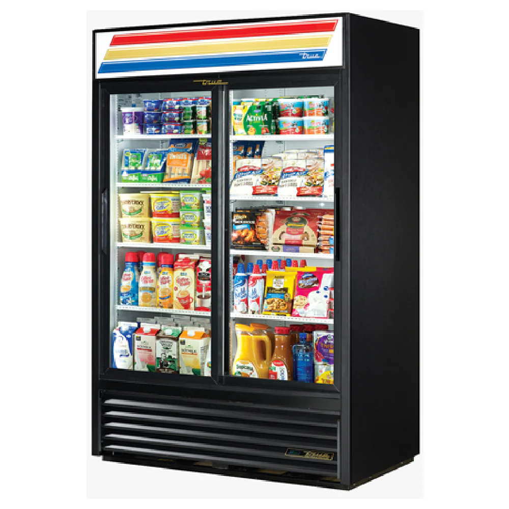 True Refrigeration GDM-45-HC-LD_BL 51 Inch Refrigerated Merchandiser Two Section with 8 Shelves Black Powder Coated Steel True Refrigeration GDM-45-HC-LD_BL 51 Inch Refrigerated Merchandiser Two Section with 8 Shelves Black Powder Coated Steel
