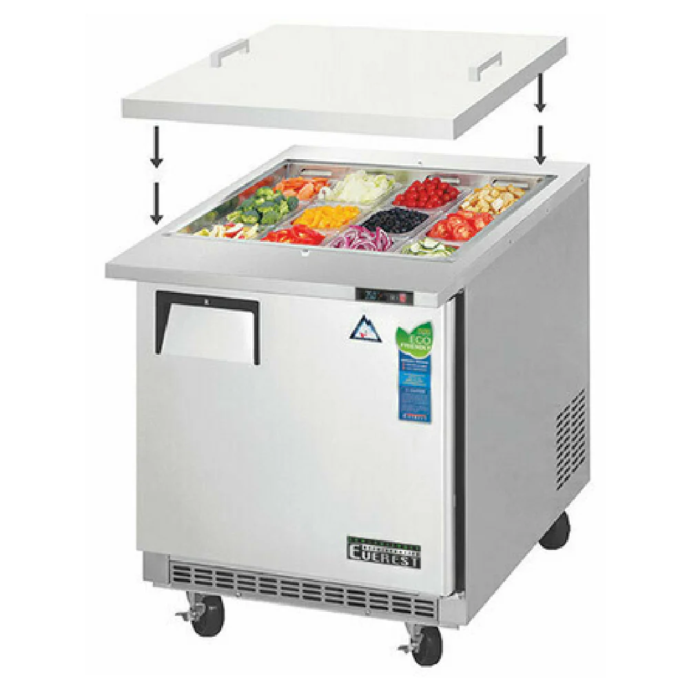 Everest Refrigeration EOTP1 27-3/4 Inch Electric Mega Top Prep Table Stainless Steel with Removable Insulated Lid and Swivel Casters Everest Refrigeration EOTP1 27-3/4 Inch Electric Mega Top Prep Table Stainless Steel with Removable Insulated Lid and Swivel Casters