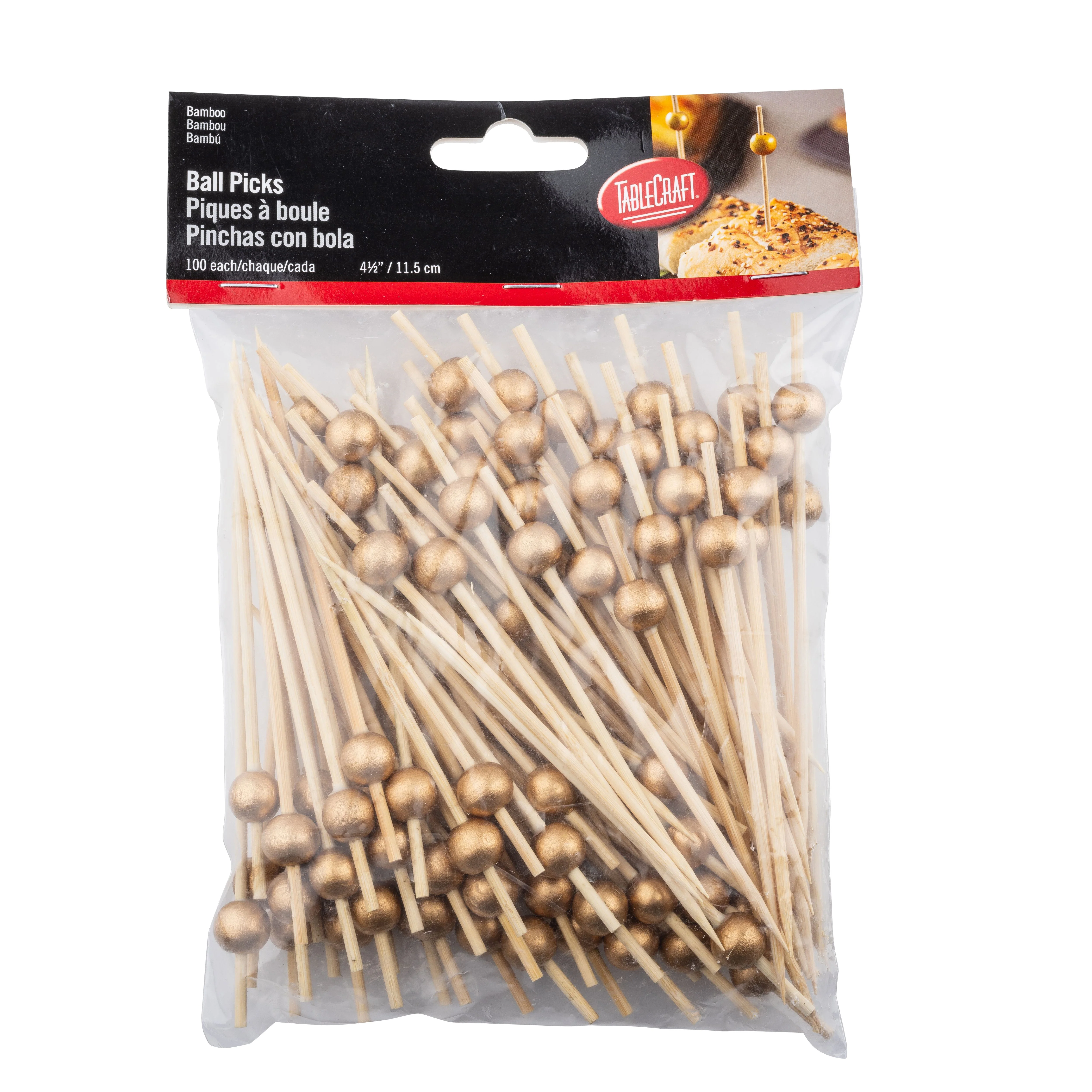 TableCraft 12583 0.4375 Inch Bamboo Ball Picks Pack of 100 with Gold Finish