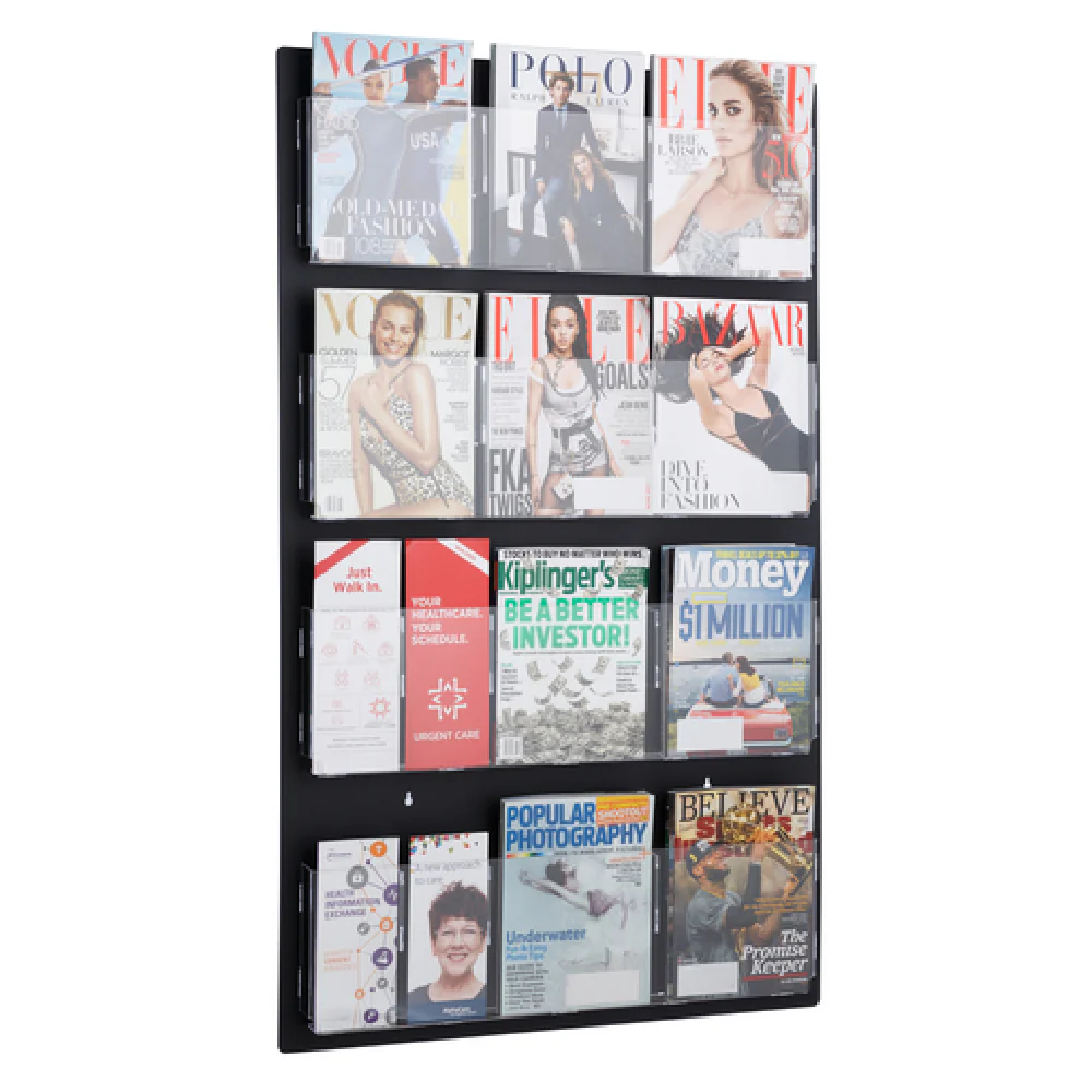 Alpine Industries ADI640-2948-BLK 29 Inch Hanging Magazine Rack Adjustable Pockets Clear Black Acrylic Alpine Industries ADI640-2948-BLK 29 Inch Hanging Magazine Rack Adjustable Pockets Clear Black Acrylic