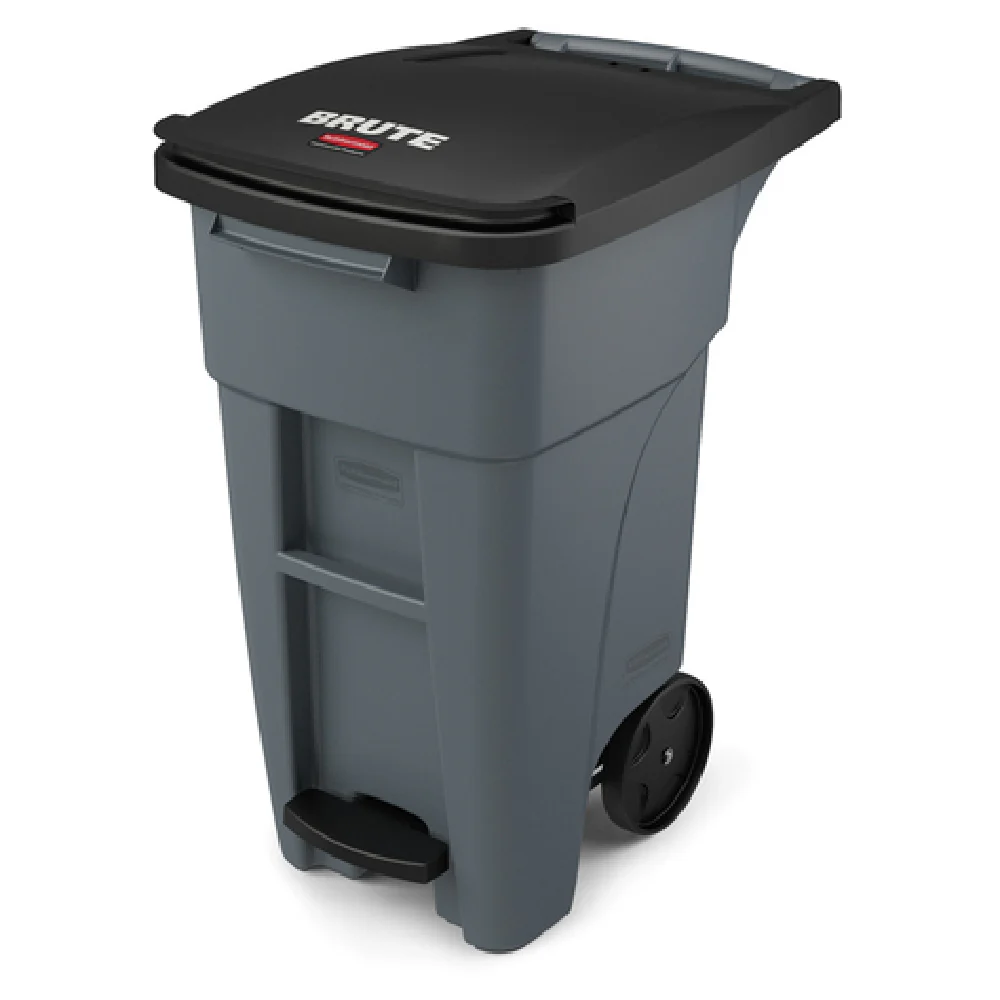 Rubbermaid Commercial Products 1971944 28 Inch Hinged Lid Trash Receptacle Gray with Ergonomic Handle