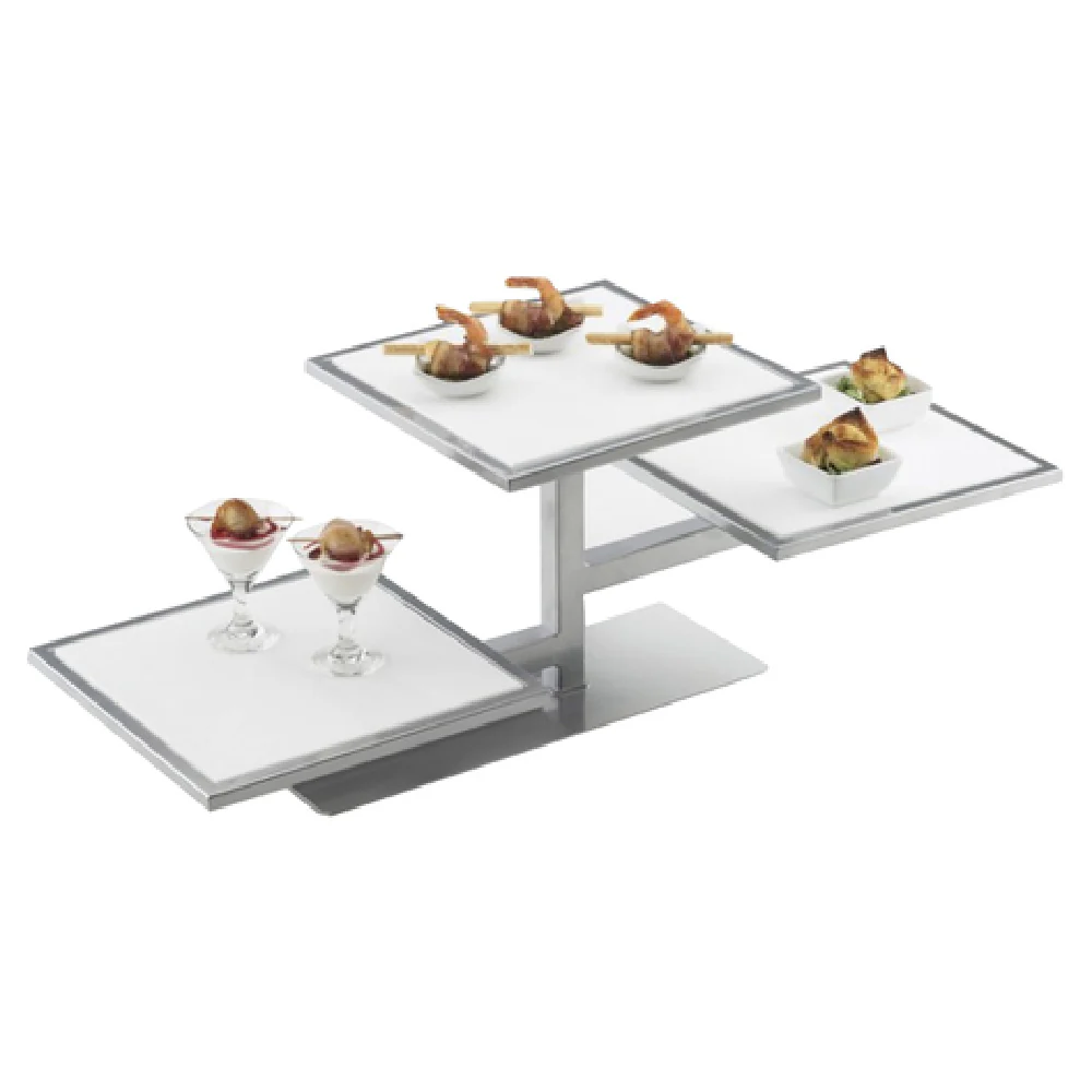 Cal Mil 1140-74 32-1/4 Inch Three Tier Square Display Stand Stainless Steel White Corian Cal Mil 1140-74 32-1/4 Inch Three Tier Square Display Stand Stainless Steel White Corian