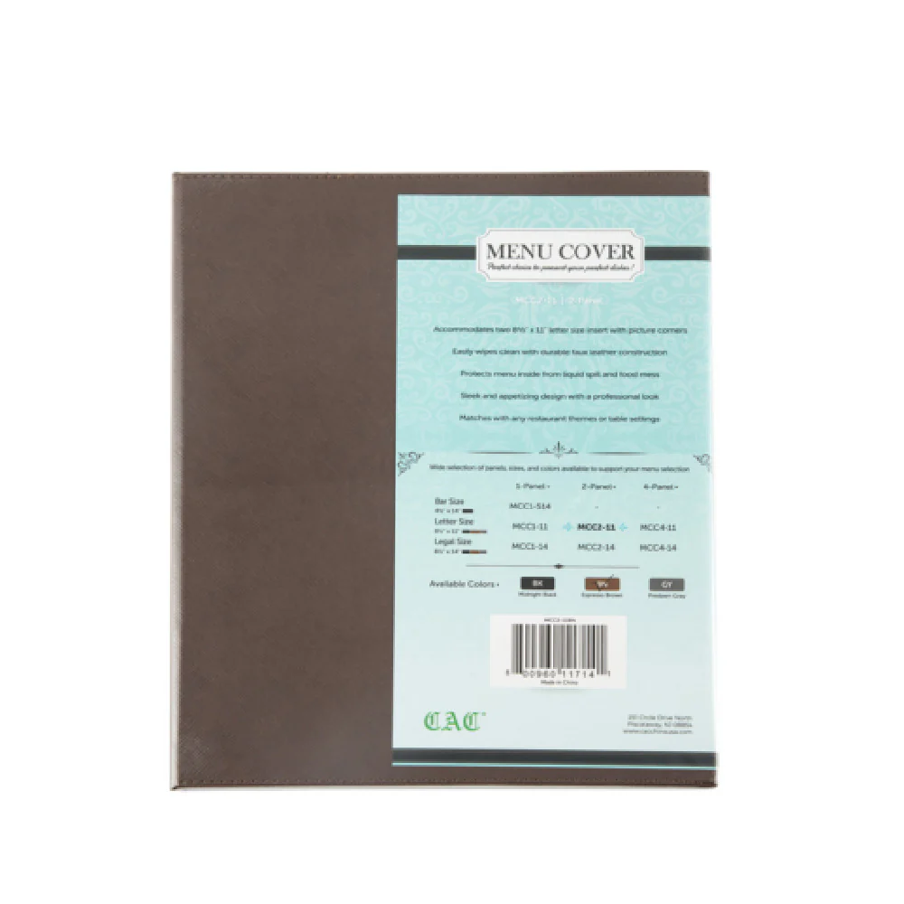 CAC China MCC2-11BN 8-1/2 Inch x 11 Inch Faux Leather Menu Cover Brown