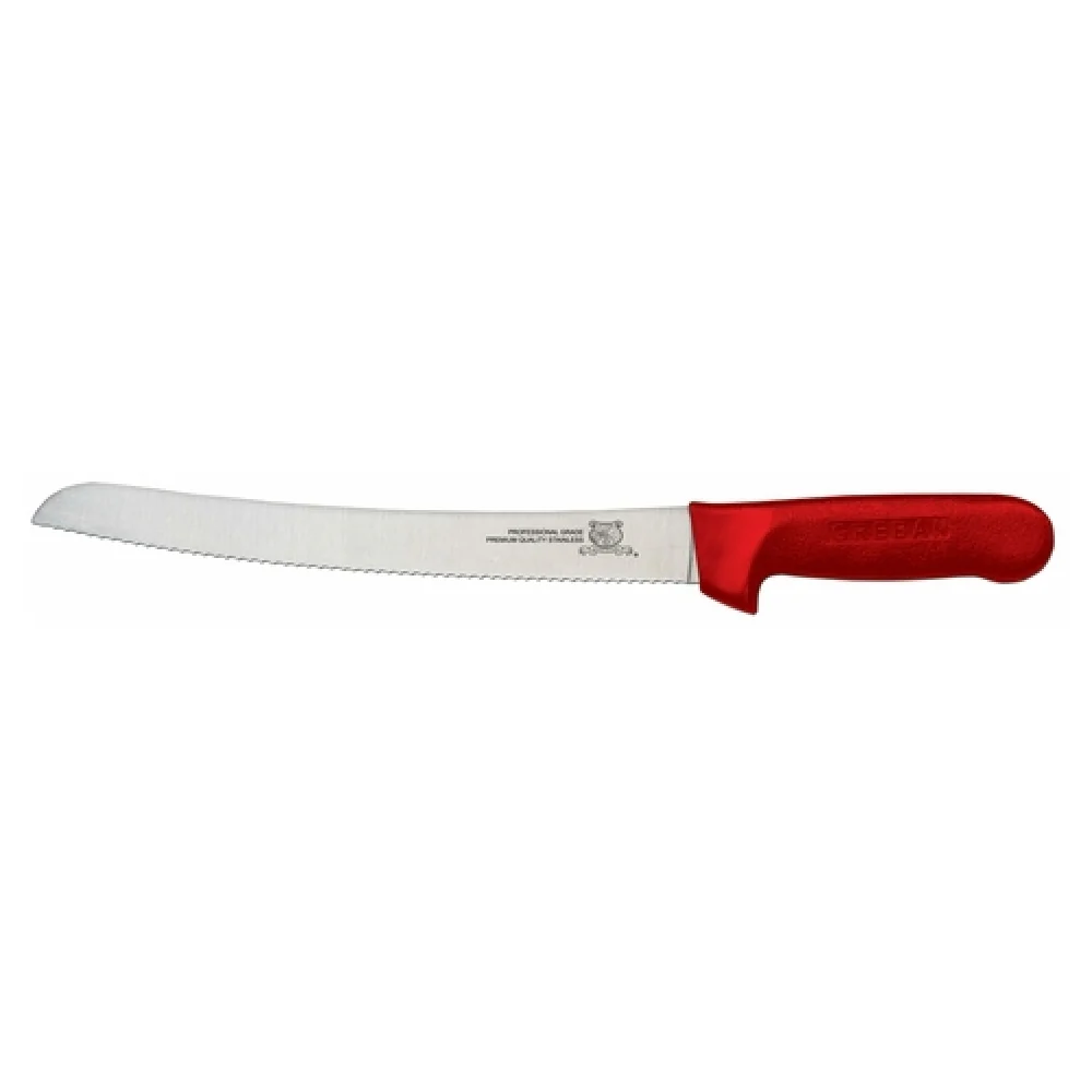 Omcan 12830 10 Inch Narrow Curved Knife Polypropylene Red Handle Wave Edge
