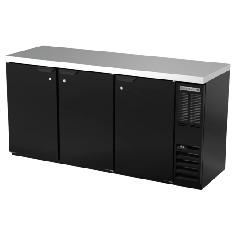 Beverage Air BB72HC-1-F-B-27 72 Inch Refrigerated Food Rated Back Bar Cabinet 19.92 cu ft 3 Sections Black Exterior Stainless Steel Top