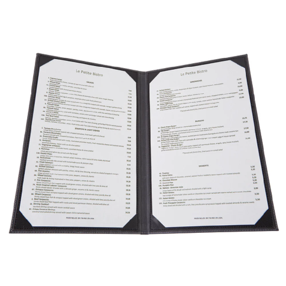 Winco LMD-814BK Legal Size Menu Cover Double Fold Leather-like Black