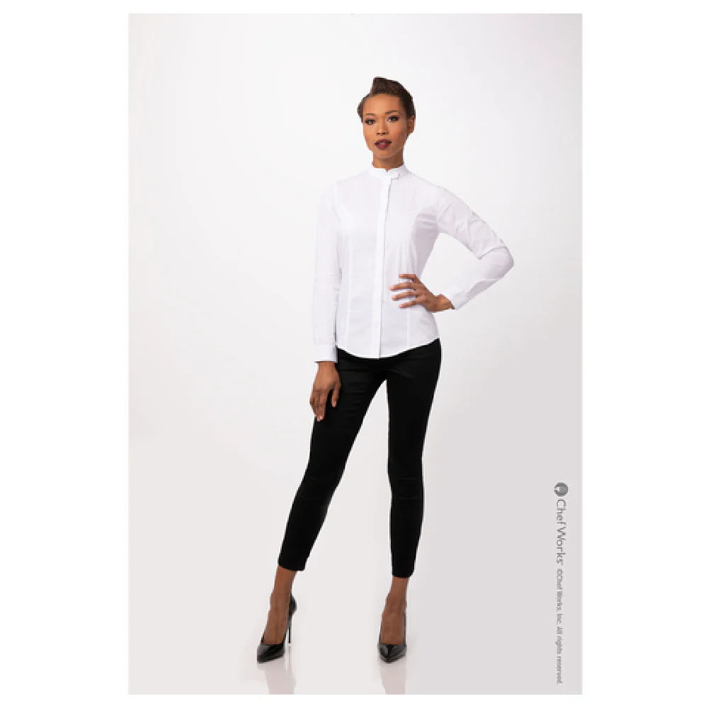 Chef Works SFB01WWHTM Women's Dress Shirt Medium Long Sleeve White with Button Closure