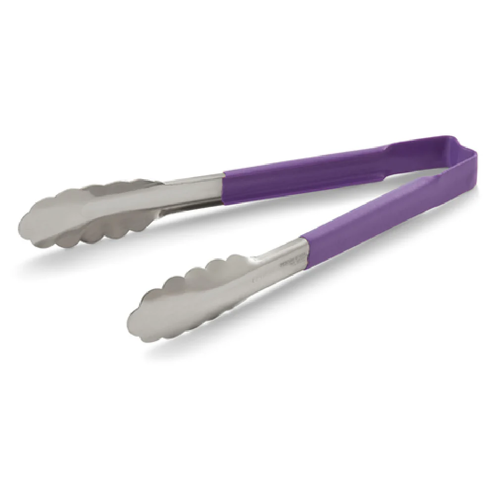 Vollrath 4780680 6 Inch Utility Tongs One-piece Scalloped Teeth Purple Handle Stainless Steel
