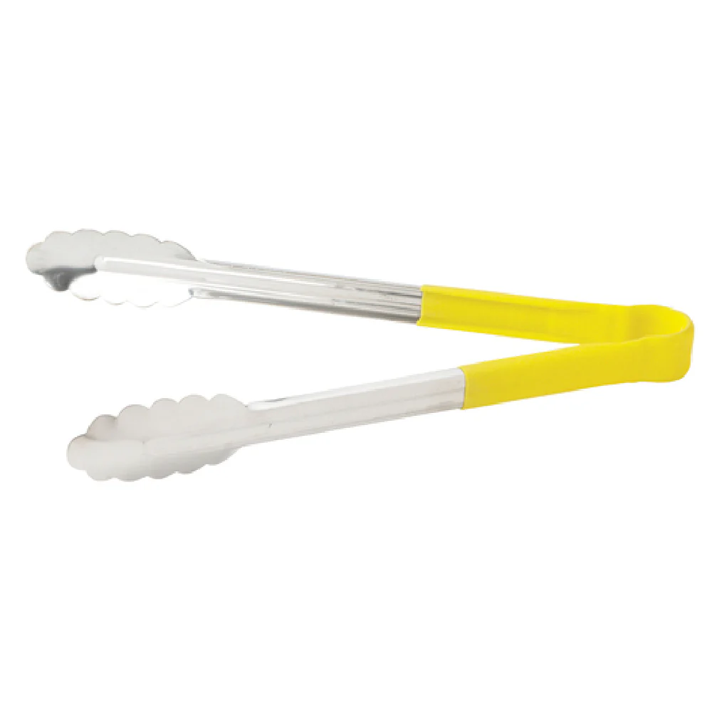 Winco UT-9HP-Y 9 Inch Utility Tongs for Cold Food Service Scalloped Yellow Stainless Steel Handle