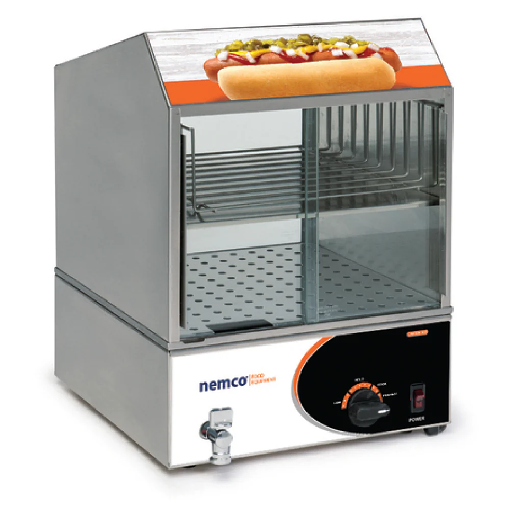 Nemco 8300-230 14 Inch Countertop Electric Hot Dog Steamer Stainless Steel with Tempered Glass