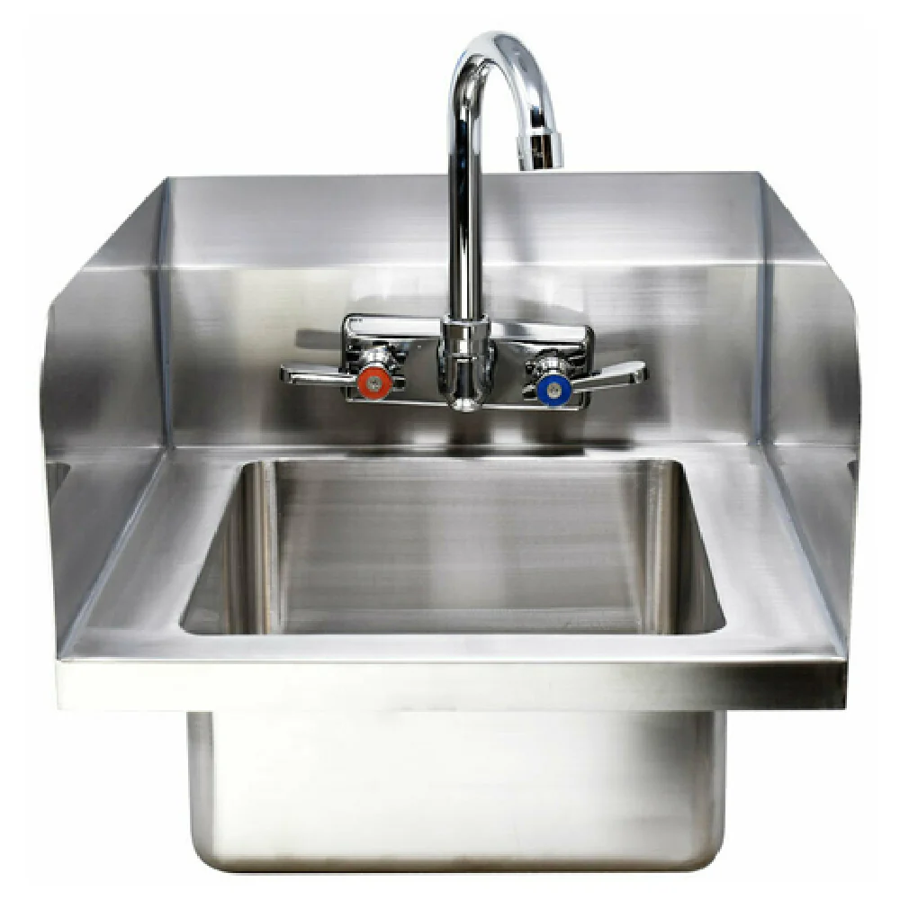 Omcan 44586 18 Inch 4 Inch Low Lead Gooseneck Faucet Hand Sink Stainless Steel with Drain Basket