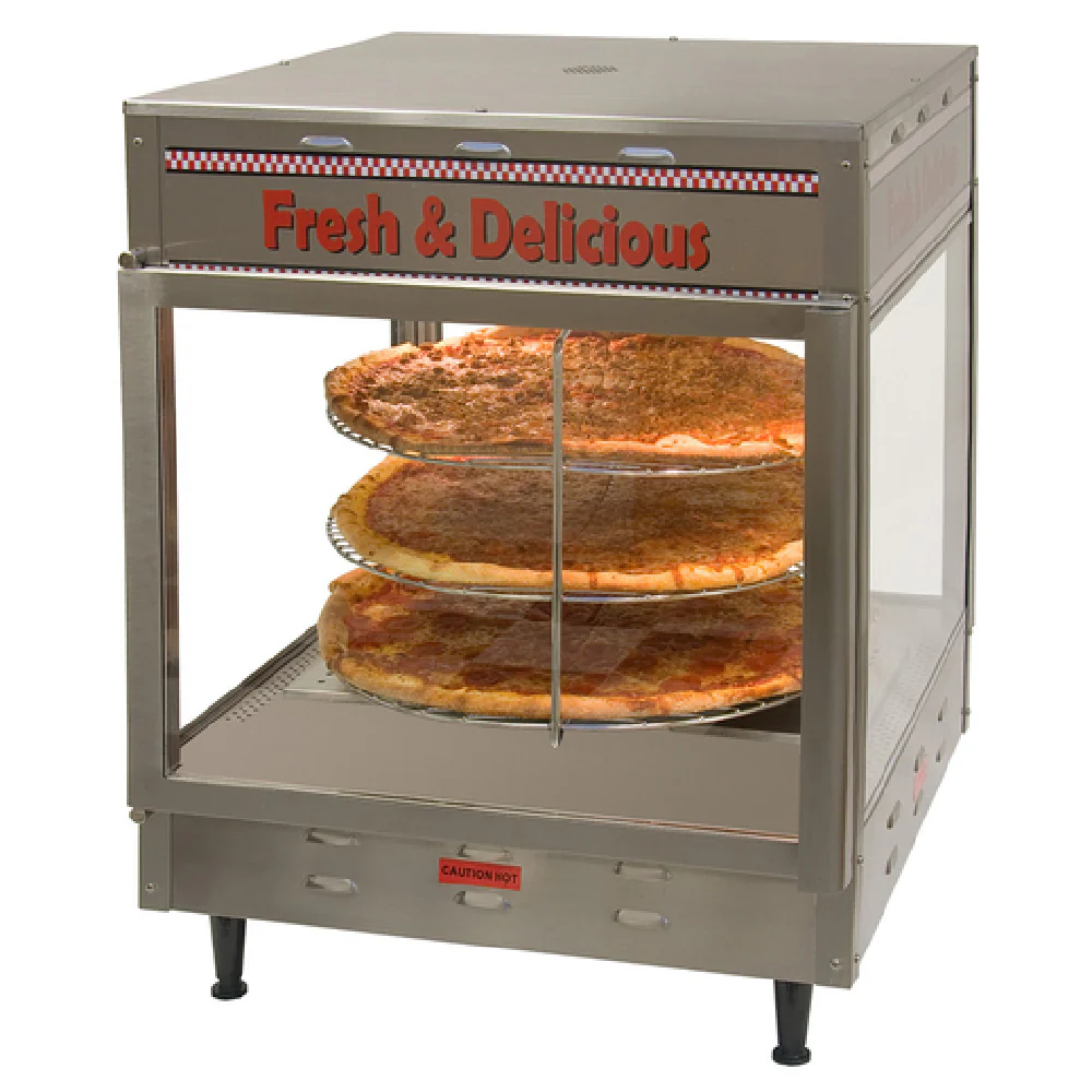 Winco 51018 24 Inch 3 Tier Rotating Rack Electric Hot Food Display Case Stainless Steel with Pass-thru