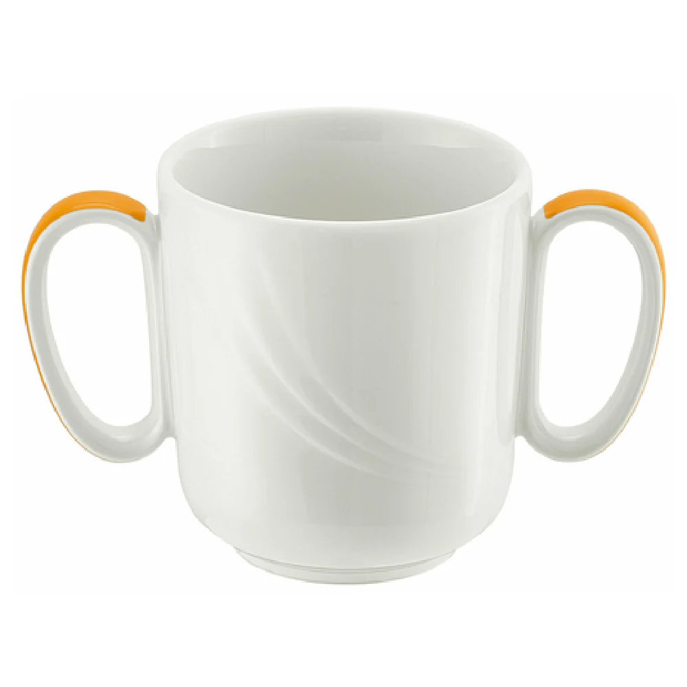 Libbey 9185631-62991 10-1/2 Oz Mug Porcelain Two-Handle Stackable White with Orange Band