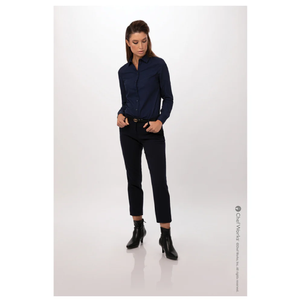 Chef Works SFC01W-NAV-3XL Women's Deco Dress Shirt Long Sleeve Navy Dot Print