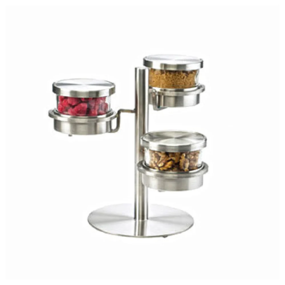 Cal Mil 1855-4-55HL 14 Inch Mixology Condiment Display 3 Offset Tiers Stainless Steel