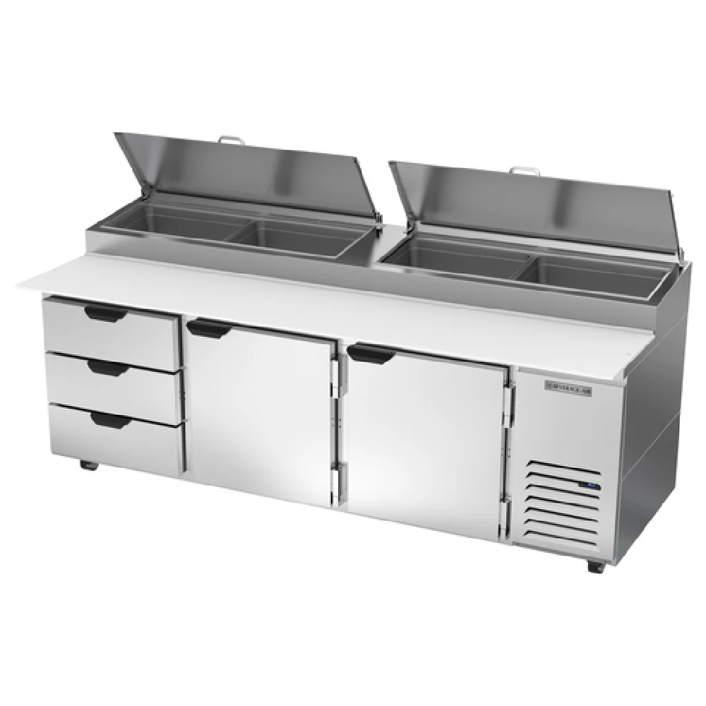 Beverage Air DPD93HC-3 93 Inch Pizza Top Refrigerated Counter 31.5 cu ft with 3 Drawers and 2 Doors Beverage Air DPD93HC-3 93 Inch Pizza Top Refrigerated Counter 31.5 cu ft with 3 Drawers and 2 Doors