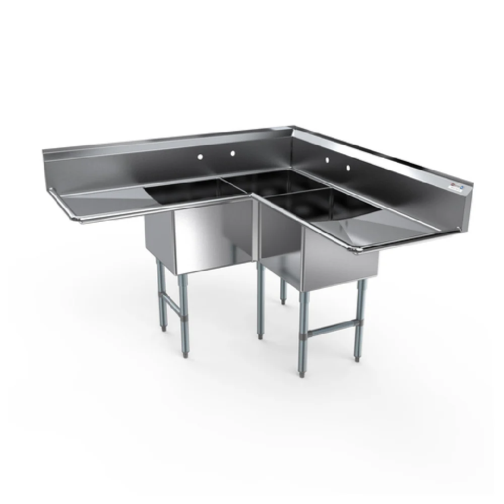 NBR Equipment 3CSG-181814LR24 62 Inch Economy Corner Sink 3 Compartment Stainless Steel with 2 Drainboards