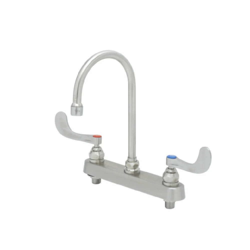 T&S Brass S-1142-04 8 Inch Deck Mount Faucet with Stainless Steel Gooseneck and Handles