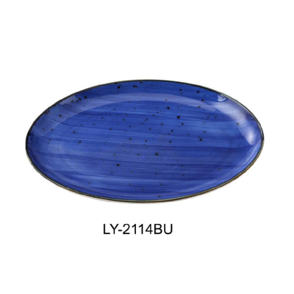 Yanco LY-2114BU 14 Inch Oval Platter Coupe Porcelain Blue for Food Presentation