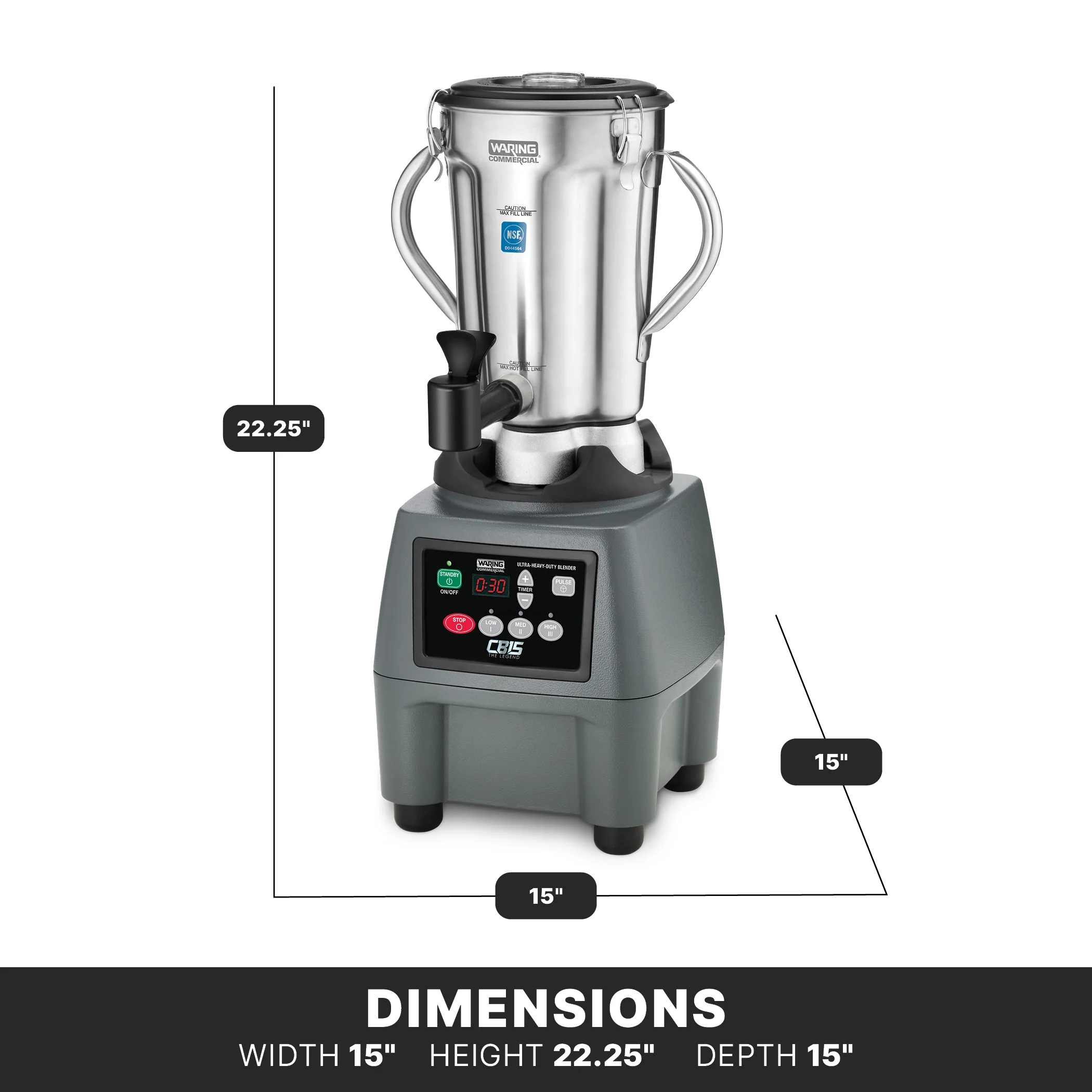 Waring CB15TSFAL 15 Inch 135 Oz. Electric Commercial Blender Stainless Steel with Spigot Waring CB15TSFAL 15 Inch 135 Oz. Electric Commercial Blender Stainless Steel with Spigot