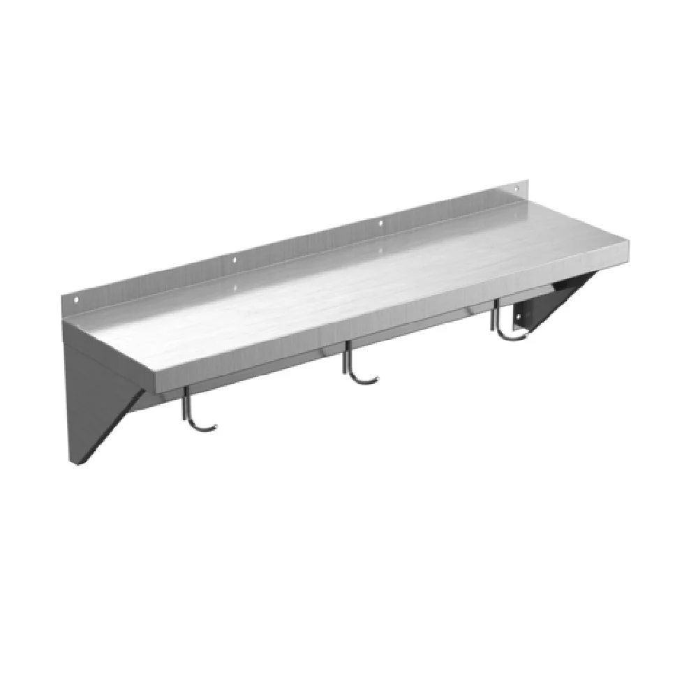 Winholt SSWMSH156 72 Inch Wall Mounted Stainless Steel Shelf with Pot Rack and Hooks