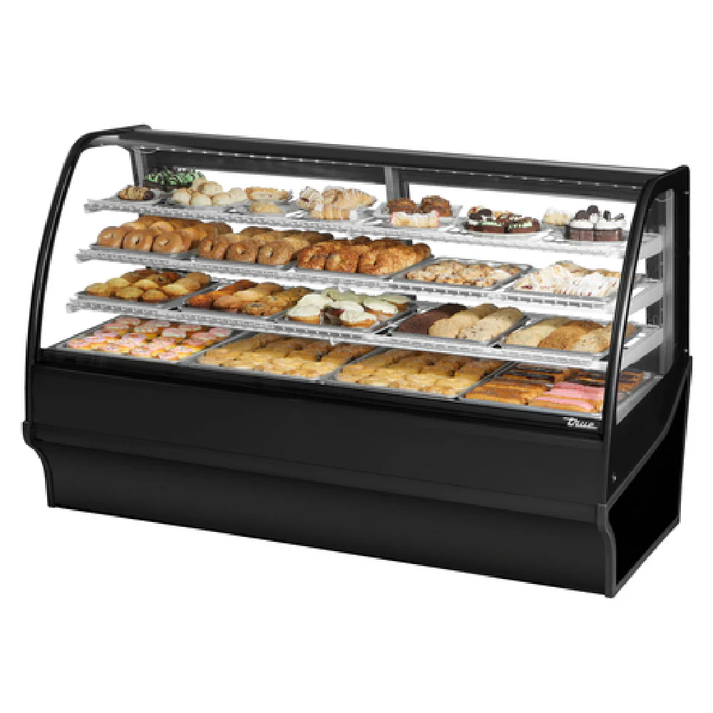 True Refrigeration TDM-DC-77-GE/GE-S-S 77 Inch Display Merchandiser Dry Non Refrigerated Stainless Steel with Lift Up Curved Glass Front