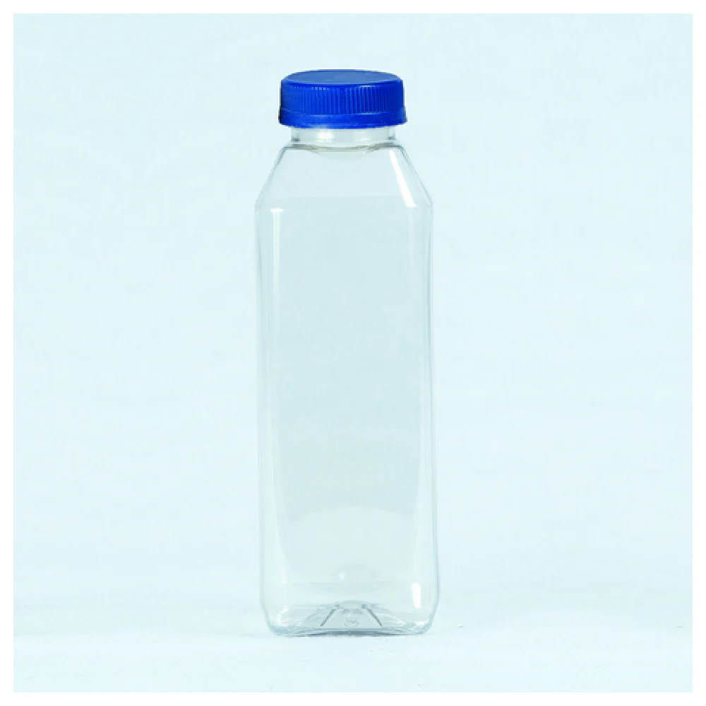 Buccaneer Container Corp 30860160501 16 Oz Juice Bottles Clear PET Square with Royal Blue Lids