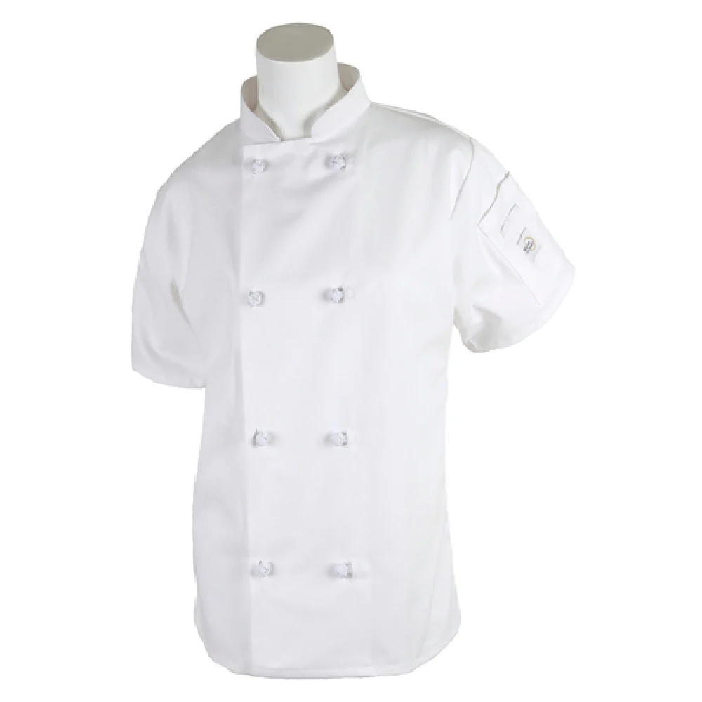 Mercer Culinary M60024WHM Chef's Coat Medium Short Sleeve White Poly Cotton Twill with Cloth Knot Buttons Mercer Culinary M60024WHM Chef's Coat Medium Short Sleeve White Poly Cotton Twill with Cloth Knot Buttons