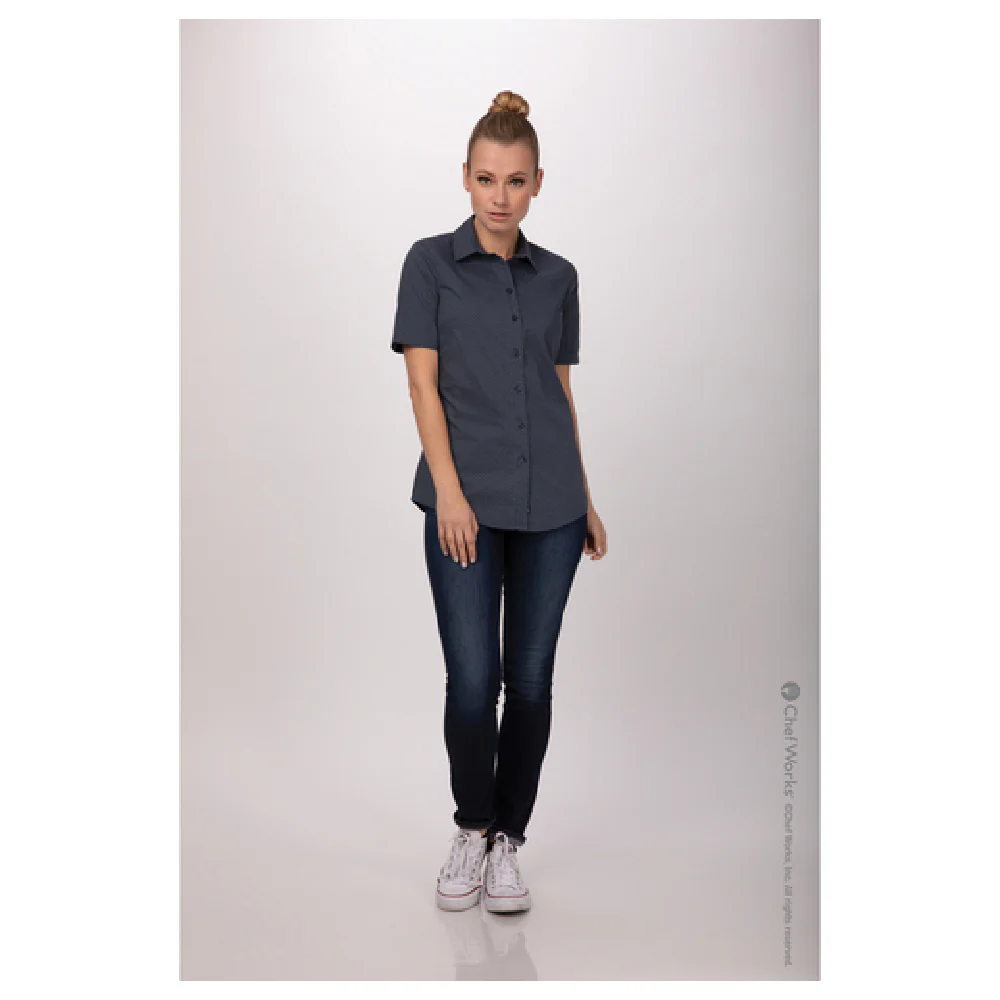Chef Works SHC09W-NAV-3XL Cook's Shirt Women's Short Sleeve Navy Poly Cotton