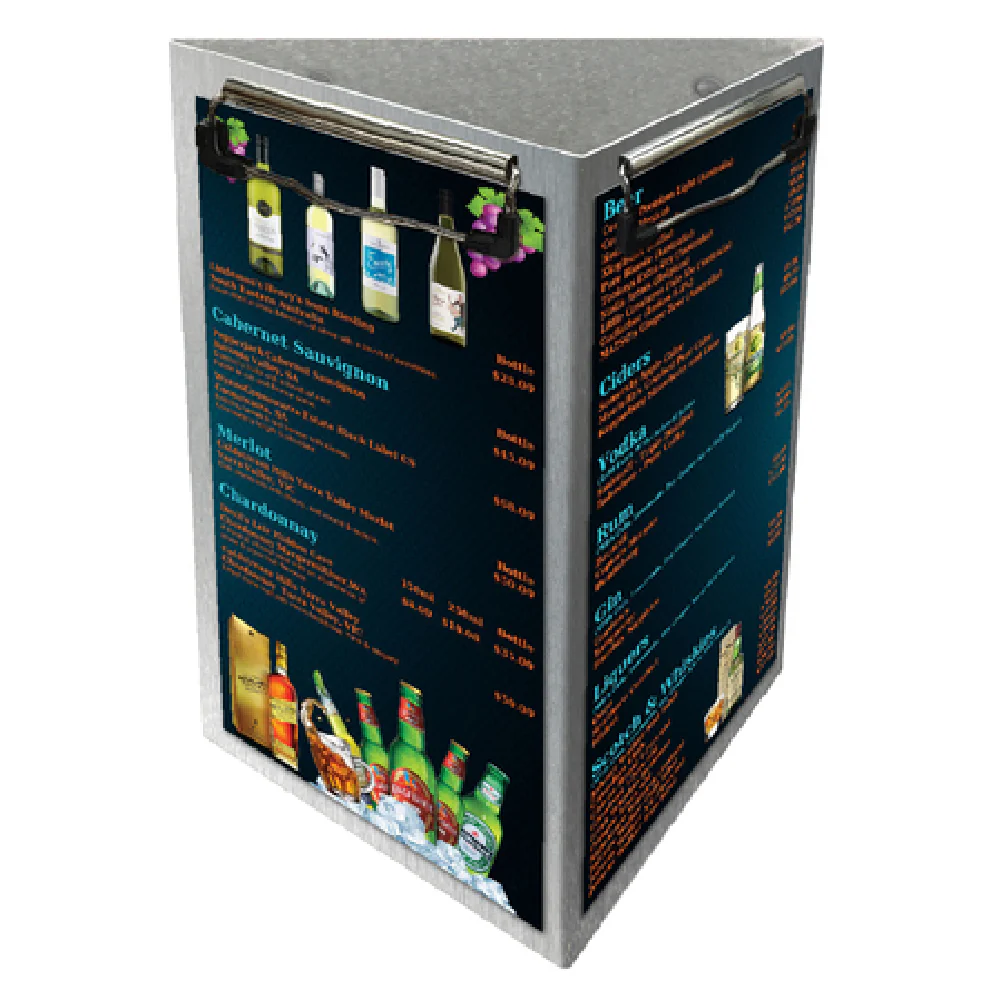 Menu Solutions ATT3CLIP-B 5 Inch Table Tent Triple Panel Aluminum with Clipper Menu Solutions ATT3CLIP-B 5 Inch Table Tent Triple Panel Aluminum with Clipper