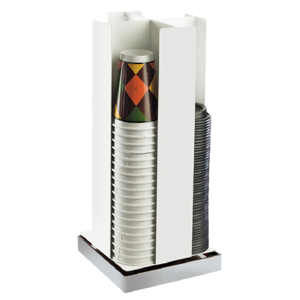Cal Mil 3001-55 8-1/4 Inch Lid Dispenser Countertop Revolving Stainless Steel with White Metal Frame