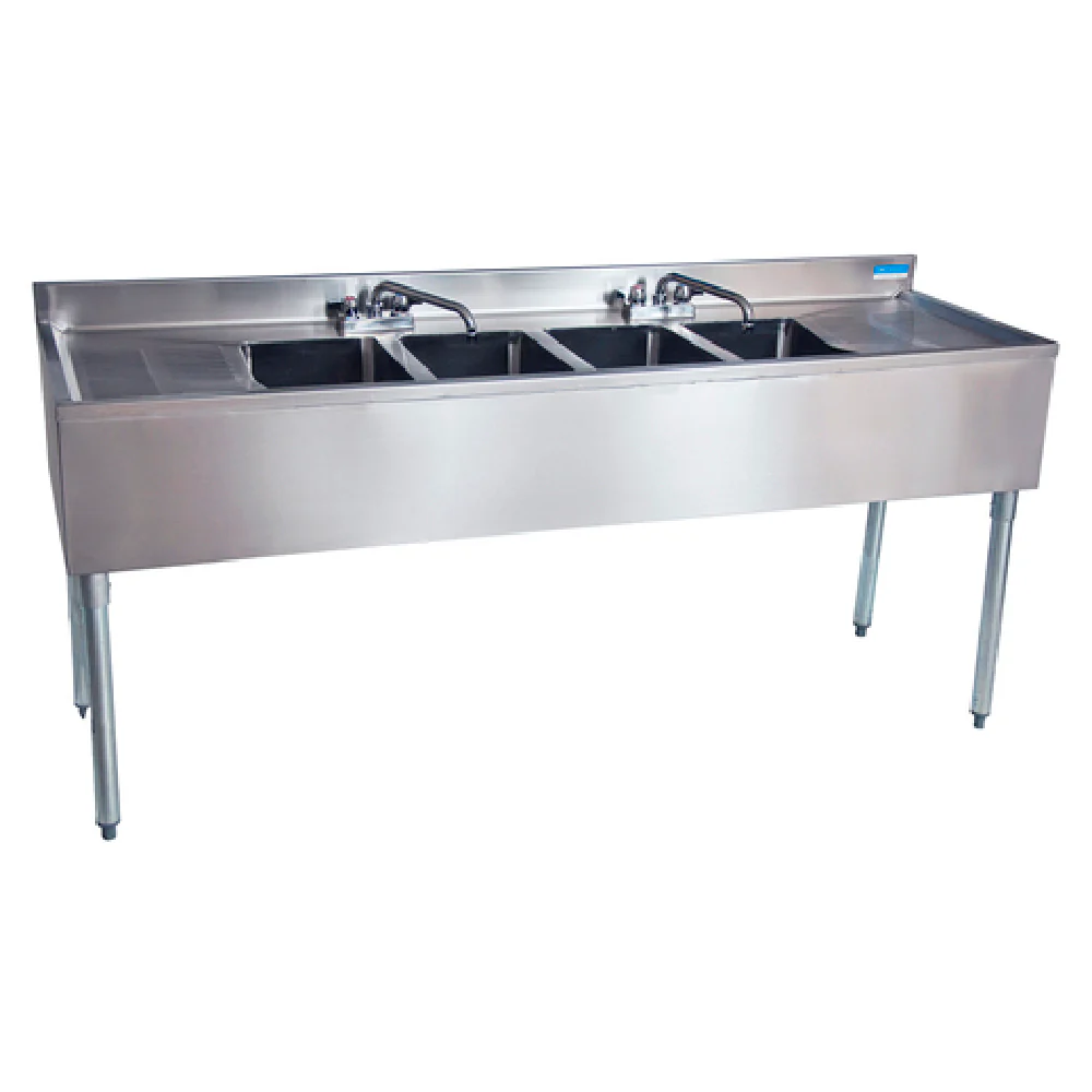 BK Resources UB4-18-484TS 84 Inch Four Compartment Underbar Sink Stainless Steel and Lead-Free Faucets