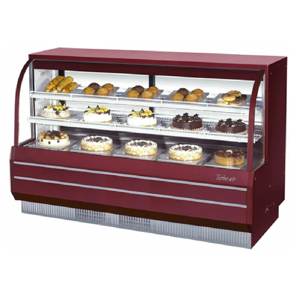 Turbo Air TCGB-72-R-N 72-1/2 Inch Curved Front Refrigerated Bakery Display Case 23.2 Cu Ft Red Exterior Stainless Steel Interior with Adjustable Shelves
