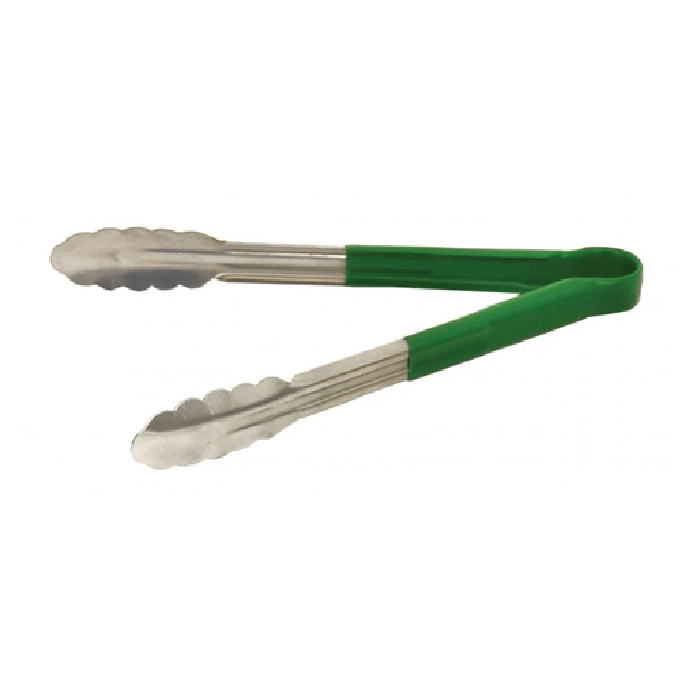 Omcan 80544 12 Inch Utility Tongs with Green Plastic Coated Handle Stainless Steel