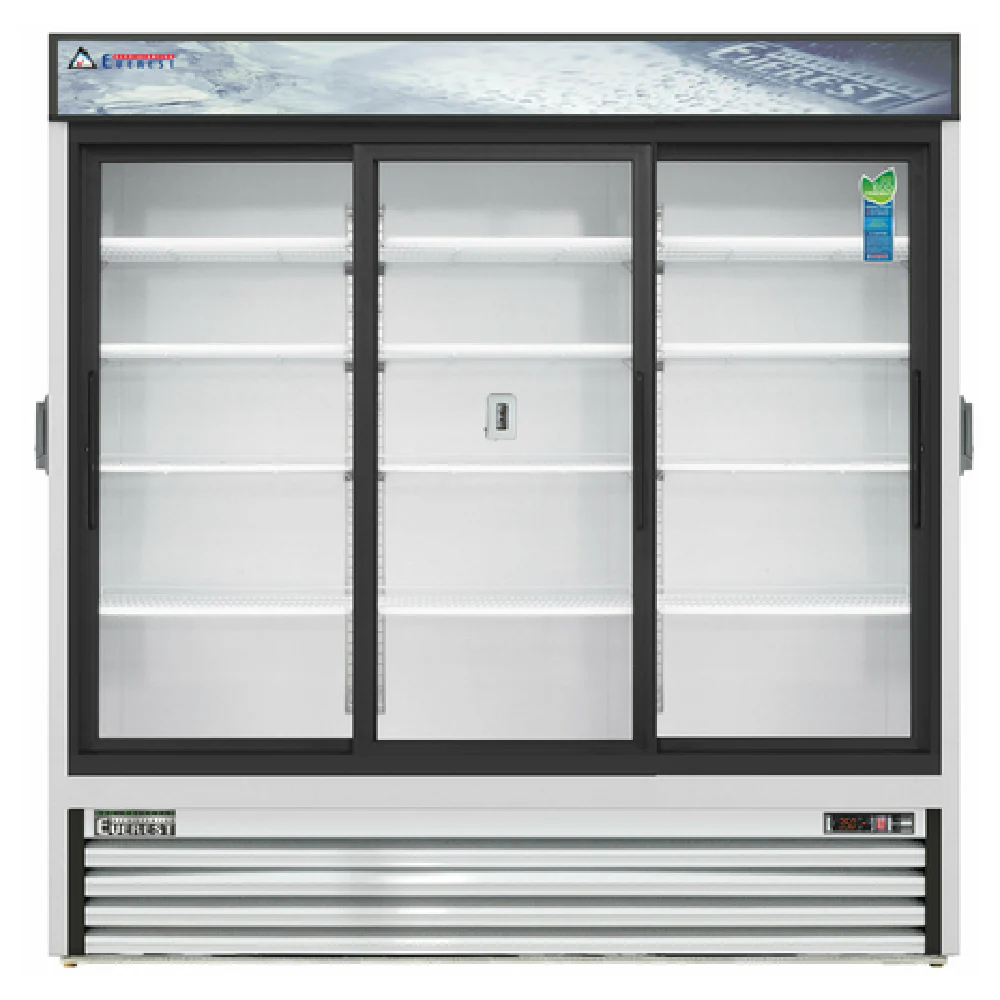Everest Refrigeration EMGR69C 72 Inch Three-section Refrigerator 69.0 cu ft R290 Hydrocarbon with Sliding Glass Doors Everest Refrigeration EMGR69C 72 Inch Three-section Refrigerator 69.0 cu ft R290 Hydrocarbon with Sliding Glass Doors