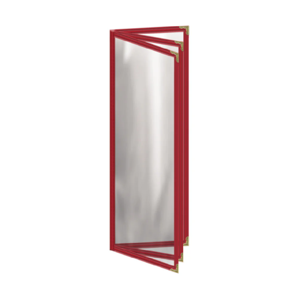 Risch TETB 4.25X14 Triple Booklet Menu Cover 4-1/4 Inch Vinyl with Metal Corners Risch TETB 4.25X14 Triple Booklet Menu Cover 4-1/4 Inch Vinyl with Metal Corners