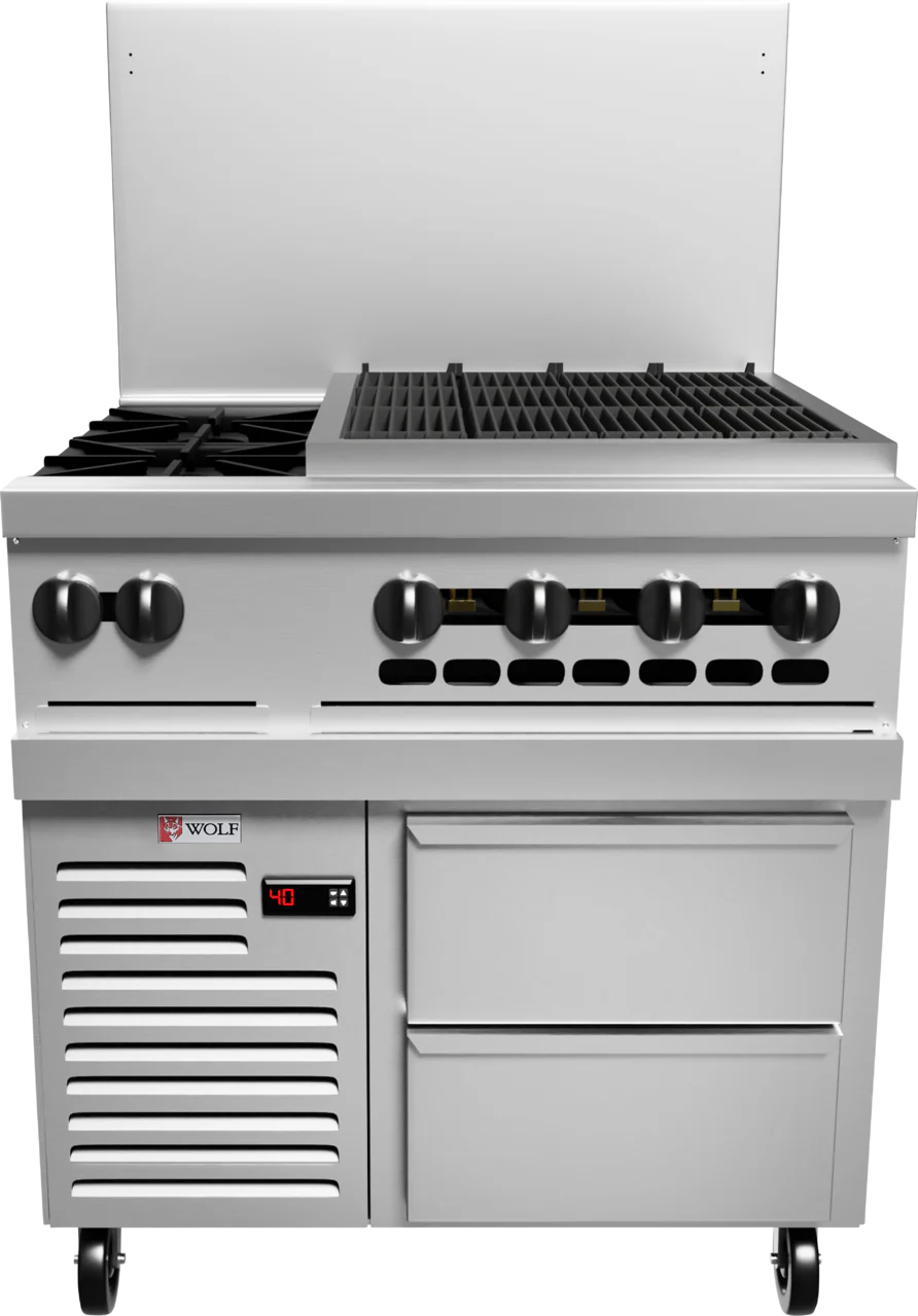 Wolf C36R-2B24CB_LP 36 Inch Gas Challenger XL Restaurant Range with Charbroiler 2 Burners 60000 BTU Wolf C36R-2B24CB_LP 36 Inch Gas Challenger XL Restaurant Range with Charbroiler 2 Burners 60000 BTU