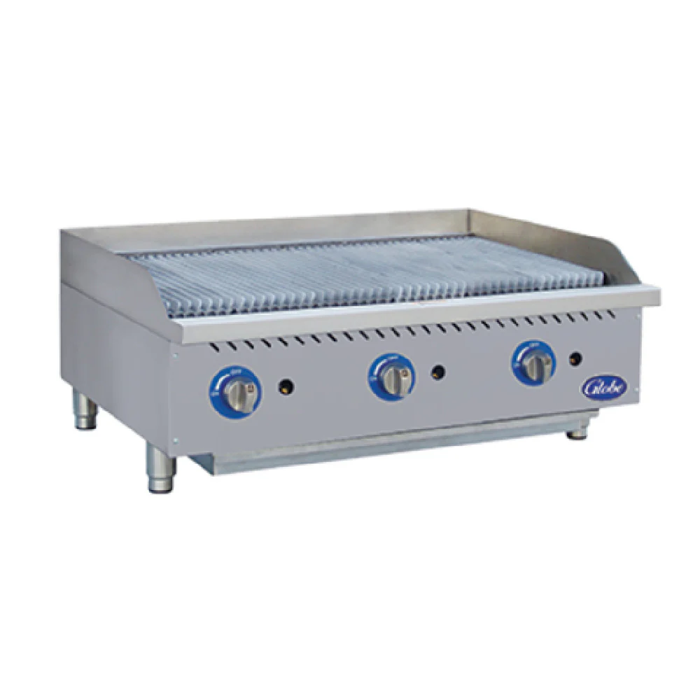 Globe GCB36G-RK 36 Inch Gas Charbroiler Char Rock Countertop 3 Burners 120000 BTU Globe GCB36G-RK 36 Inch Gas Charbroiler Char Rock Countertop 3 Burners 120000 BTU