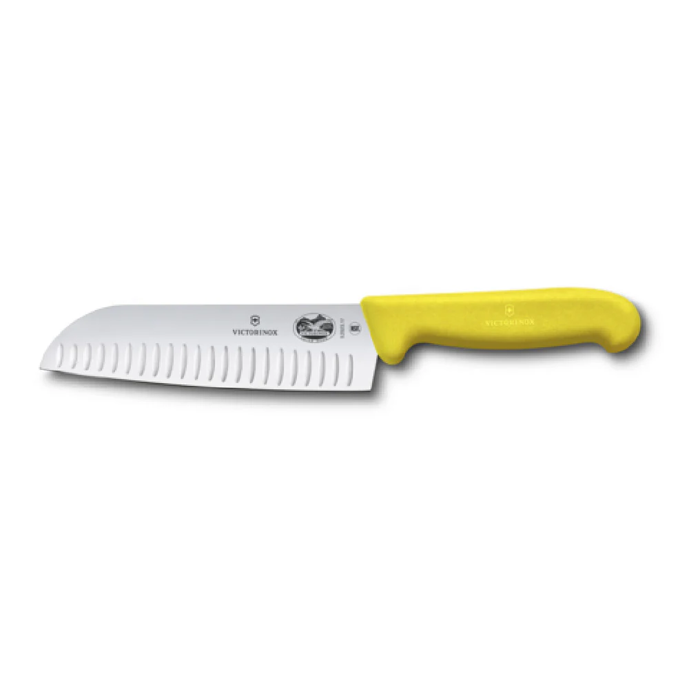 Victorinox 5.2528.17 7 Inch and 1-1/2 Inch Width Santoku Knife with Granton Edge Yellow Fibrox Pro Handle