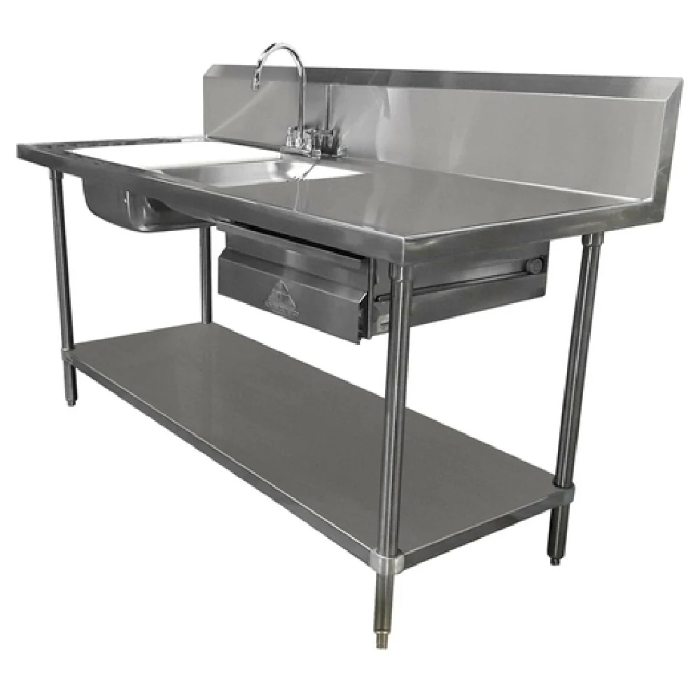 Advance Tabco DL-30-72 72 Inch 14 Gauge Stainless Steel Prep Table Sink Unit with Dual Sinks and Gooseneck Faucet