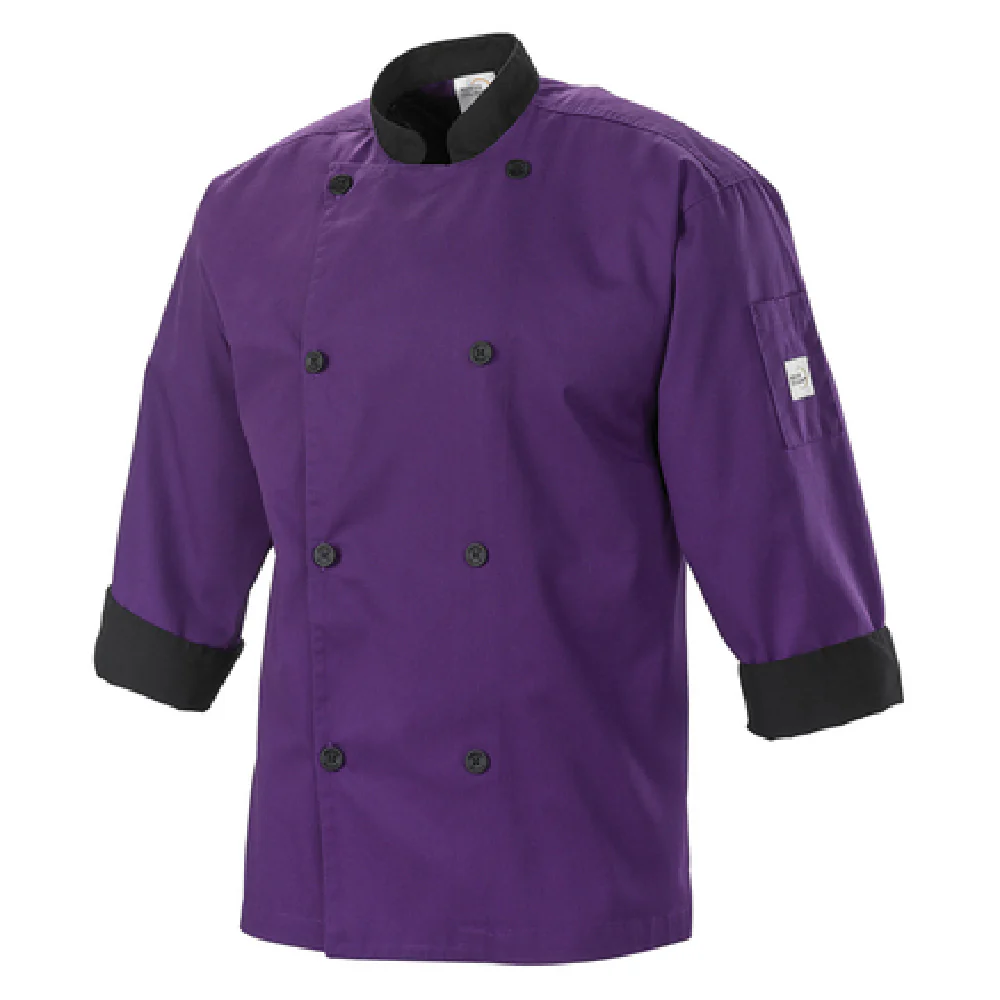 Mercer Culinary M60018PUBS Small Unisex Chef's Coat 3/4 Sleeve Purple Mercer Culinary M60018PUBS Small Unisex Chef's Coat 3/4 Sleeve Purple